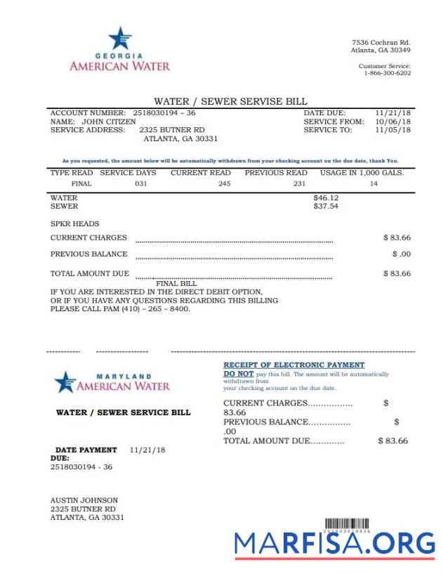 Printable USA Maryland Georgia Water utility bill template in Word and PDF format (.doc and .pdf)